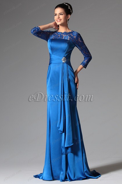 Noble Blue Long Lace Sleeves Mother of the Bride Dress