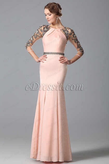 Glamorous Pink Long Evening Gown With Lace Sleeves