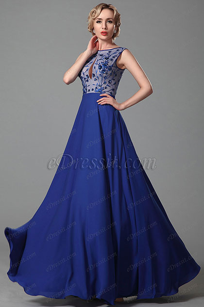 Robe de soirée longue bleue sans manche broderie et sequins