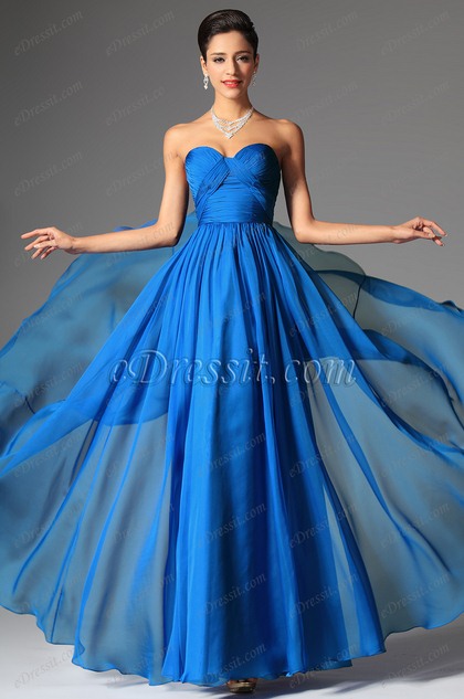 Robe de Soirée Bleue Plissée Sans Bretelle Taille Empire