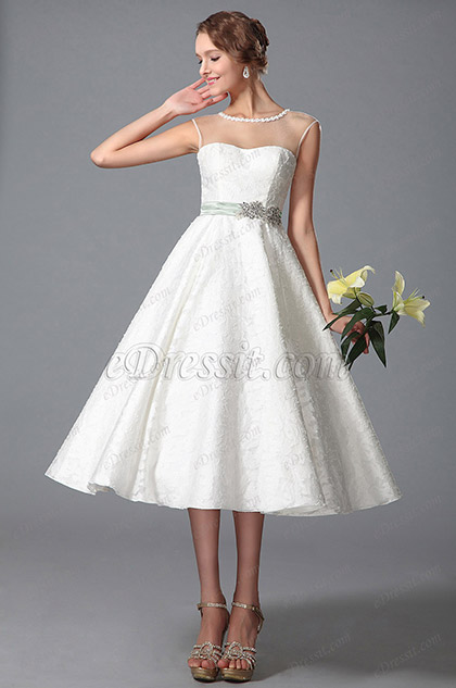 Sleeveless Sheer Top Tea Length Wedding Gown