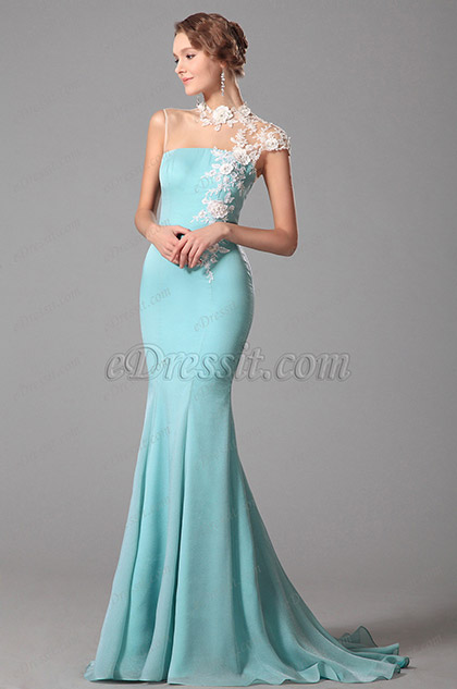 Lace Neck Light Blue Evening Dress Formal Gown