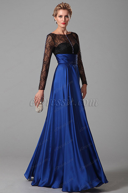 Robe mère de mariée bleu dentelle manches longues