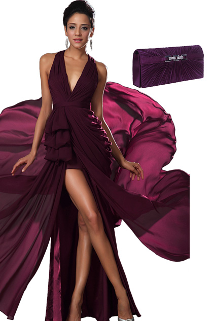 Stylish Halter V Cut High Split Evening Dress Purle Handbag Set