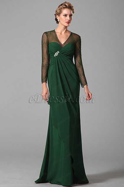 Long Sleeves Mother of the Bride Dress With V Neck