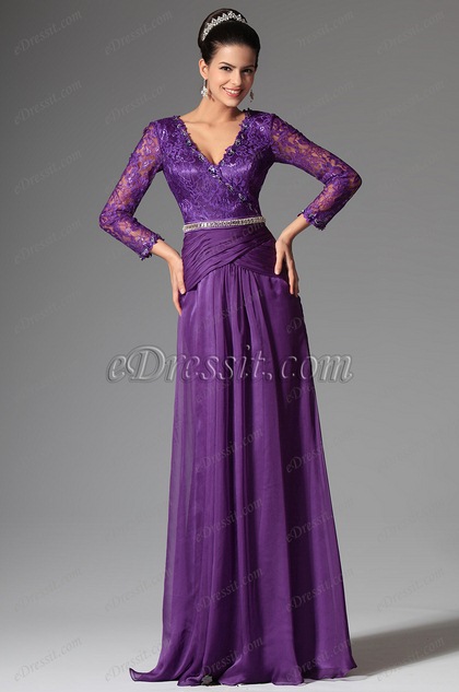 Robe Mère de Mariée Violette Décolleté en V Manchs en Dentelle