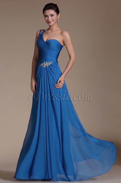 Robe de soirée longue bleu roi drapée col asymétrique