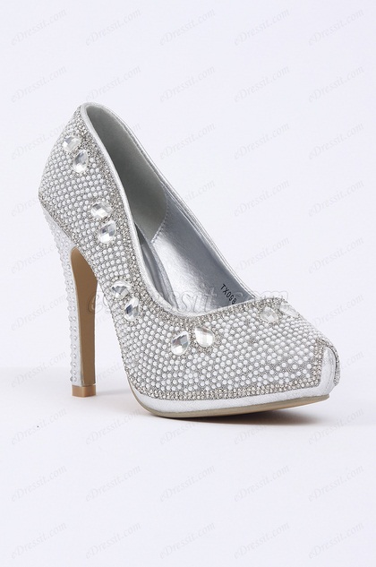 Silver High Heels With Crystal Beadings