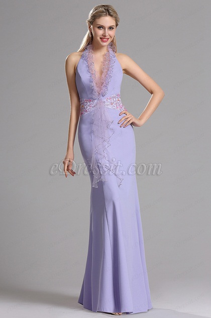 Vestido de Noche Halter Lavender Corte V Profundo