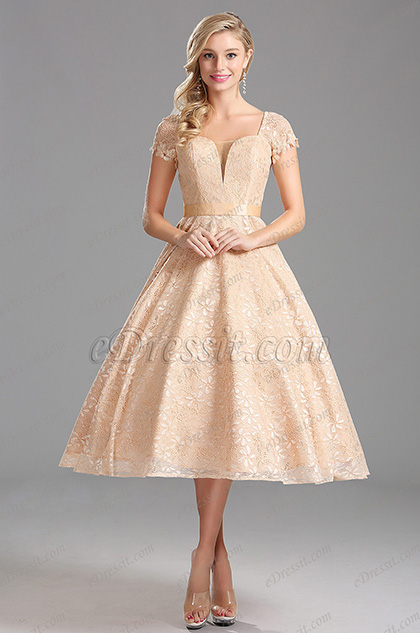 Robe de cocktail midi cache-coeur manche court beige