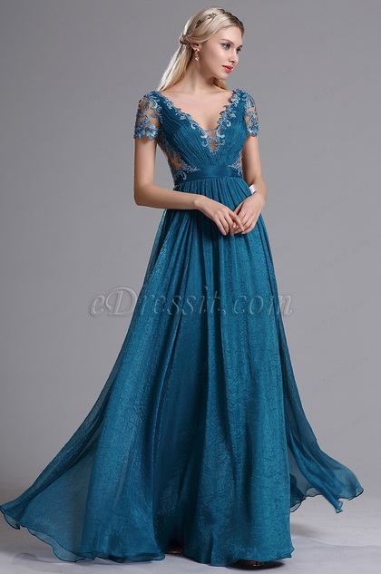 Blue Plunging V Neck Illusion Back Evening Dress