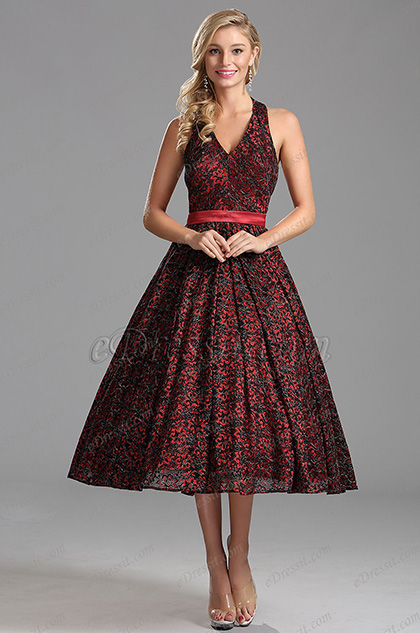 Robe de cocktail midi V col sans manche bordeaux adorable