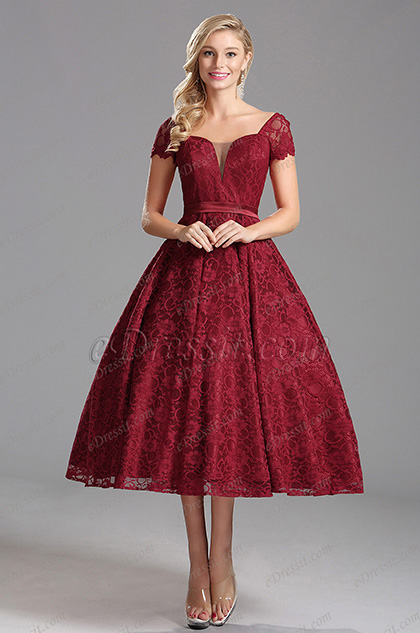 Capped Sleeves Overlace Burgundy Tea Length Party Dress