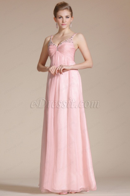 Pink Double Straps Empire Evening Dress