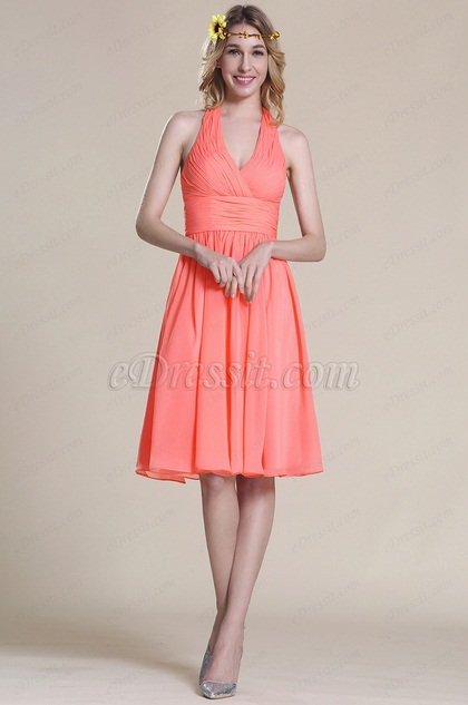 Halter Coral Bridesmaid Dress Cocktail 