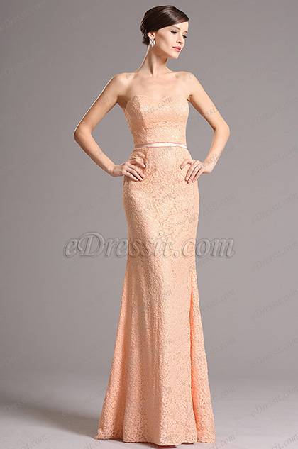 Encaje Vestido de Dama Formal Naranja  Corte Corazón