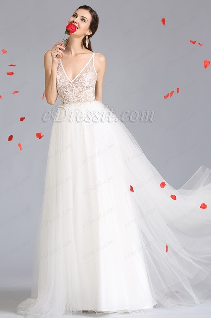 Plunging V Neck Wedding Prom Dress