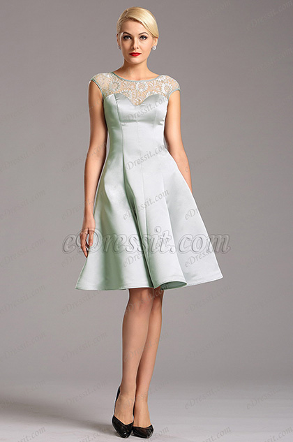 Capped Sleeves Grey Party Dress with Illusion Sweetheart Neck