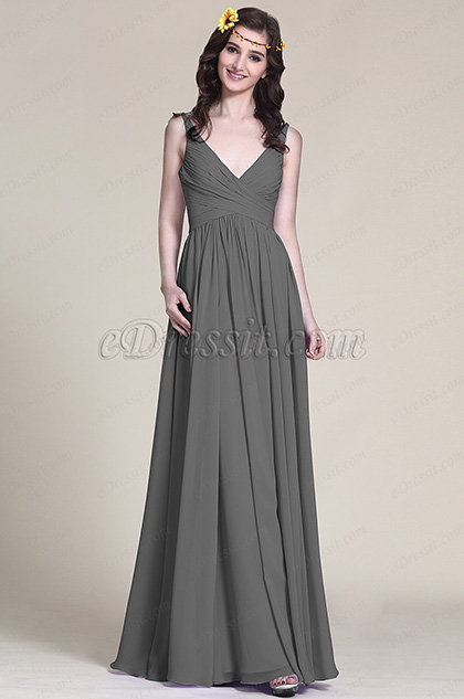 Sleeveless V Neck Grey Bridesmaid Dress Evening Dress