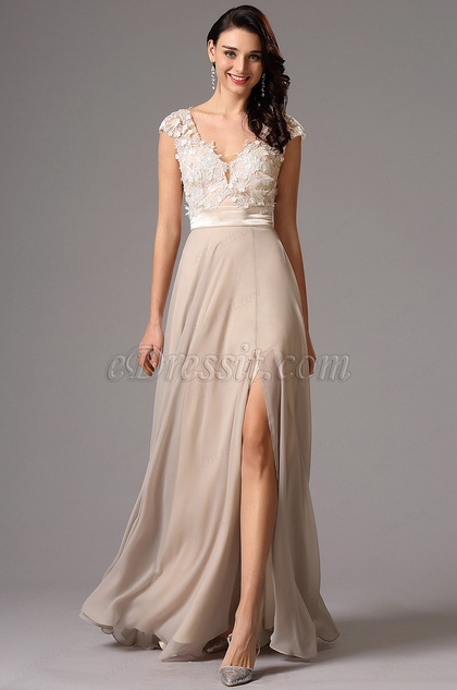 Vestido de  Noche Formal con Mangas de Casquillo Beige