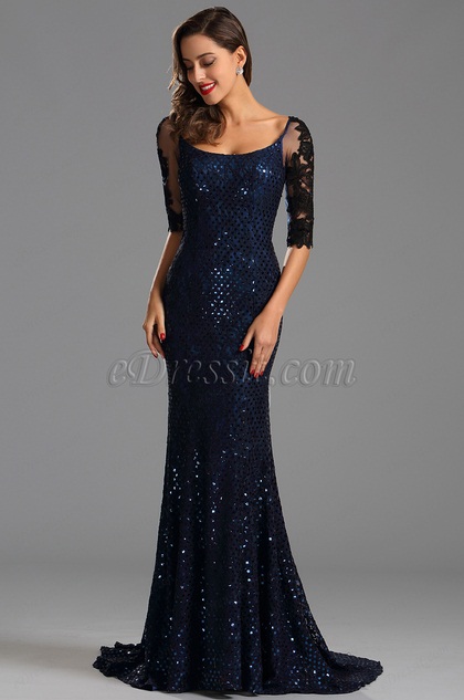 Half Lace Sleeves Sequin Blue Mermaid Formal Gown