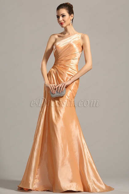 One Shoulder Pleated Orange Evening Dress Formal Dress