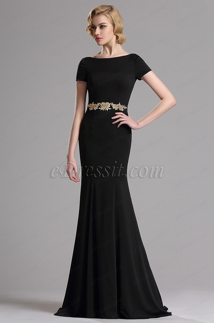 Robe de Soirée Manche Courte Dos Nu Sirène Noir