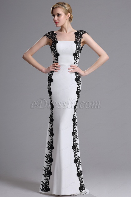 White Black Floral Applique Prom Evening Dress