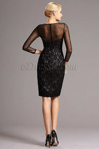 Black Lace Long Sleeves Short Cocktail Dress (26160400)