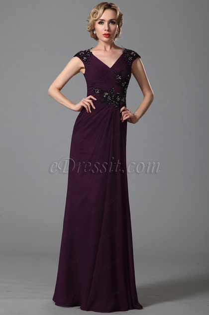 Robe de soirée longue violette cache-coeur avec dentelle