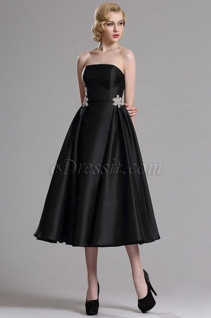 Black Strapless Pleated Cocktail Party Dress