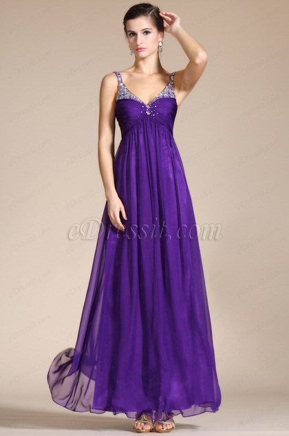 Purple Beaded Straps Empire Bridesmaid Dress