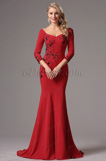 Robe de Soirée Manches Longues Broderie Sirène Rouge