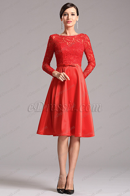 Robe de fête rouge manches longues en dentelle