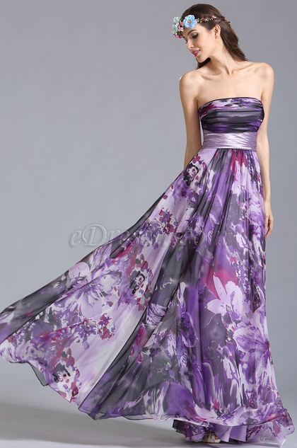 Robe de soirée longue bustier violette à imprimé fleurs