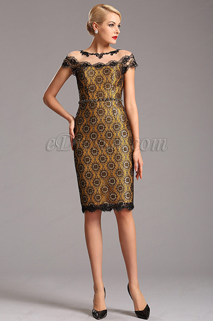 Yellow Vintage Cap Sleeves Printed Lace Cocktail Party Dress