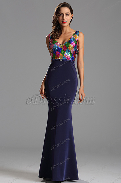 Stunning Plunging Neck Blue Sequin Formal Dress Prom Gown