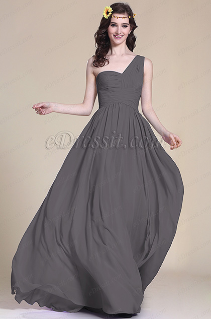 Vestido de Dama Gris Plisado Solo Hombro Simple Elegante