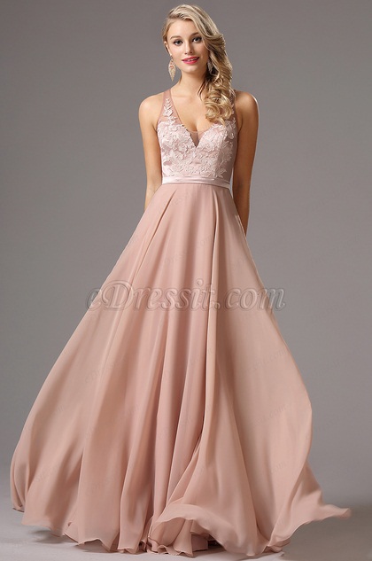 Sleeveless Plunging Neck Lace Bodice Evening Dress