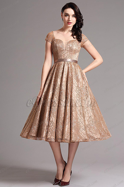 Short Sleeves Vintage Coffee Tea Length Dress