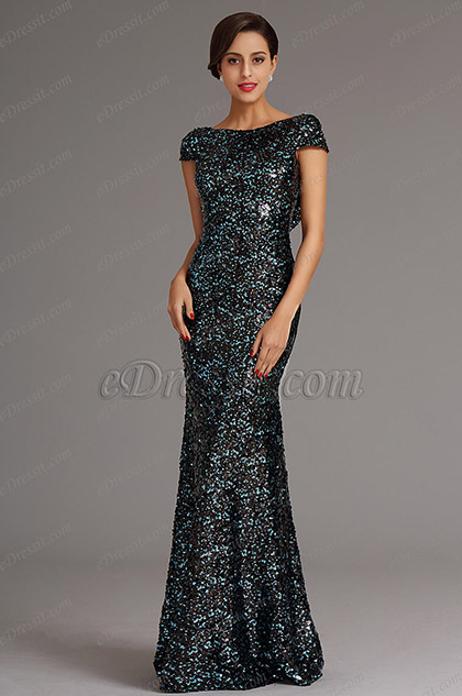 Sequin Blue Cowl Back Formal Gown Prom Dress