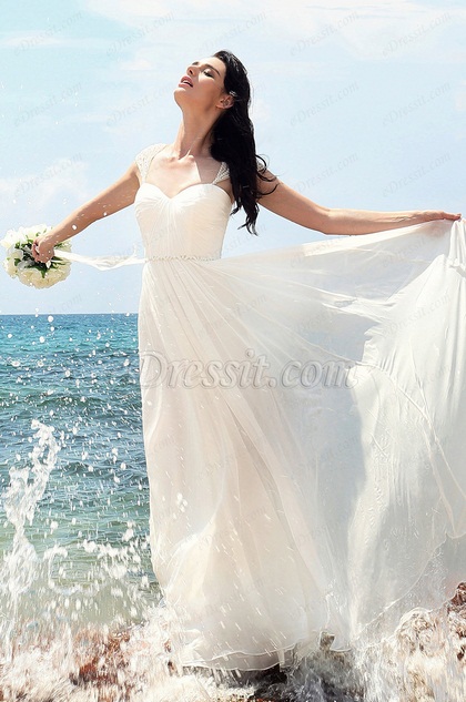 Vestido de Novia Simple para La Playa Con Tirantes Decorado