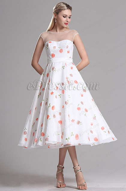 Illusion Neckline Floral Cocktail Party Dress