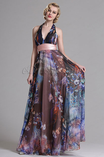 Halter Plunging Floral A Line Prom Evening Dress