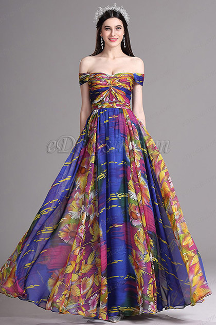 Off Shoulder Multicolor Pleated Summer Printed Dress