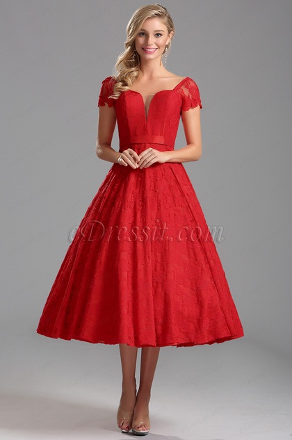 Cap Sleeves Illusion V Neck Red Tea Length Dress