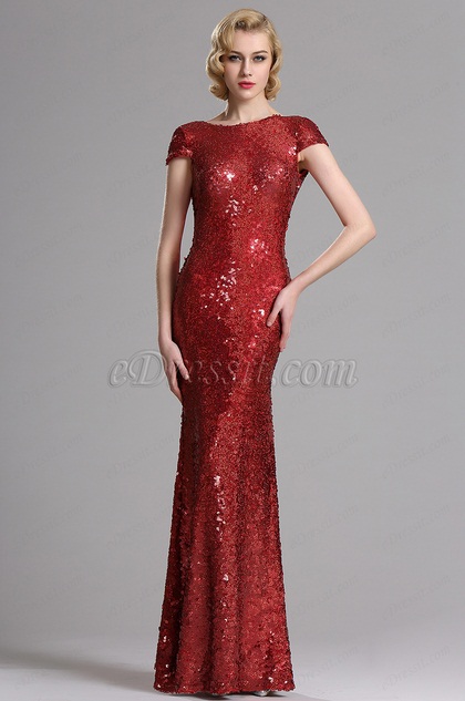 Stunning Capped Sleeves Red Sequin Formal Dress