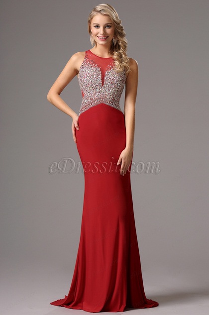 Sleeveless Beaded Bodice Red Prom Dress Formal Gown