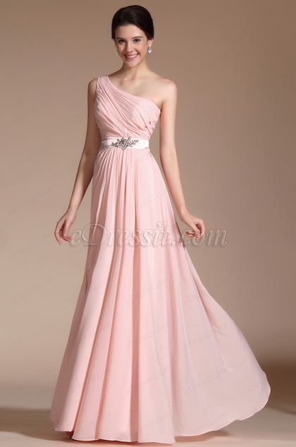 Robe de soirée longue rose col asymétrique simple et fluide