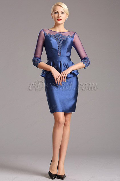 Sleeves One Piece Blue Short Mother of the Bride Dress